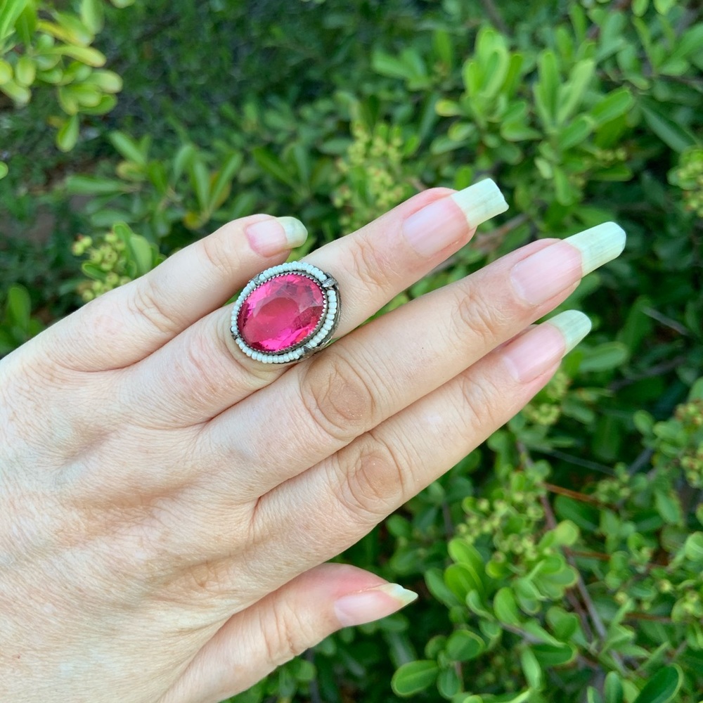 Antique 1920s Art Deco Sterling Fuchsia Glass Stone w/seed pearls Ring